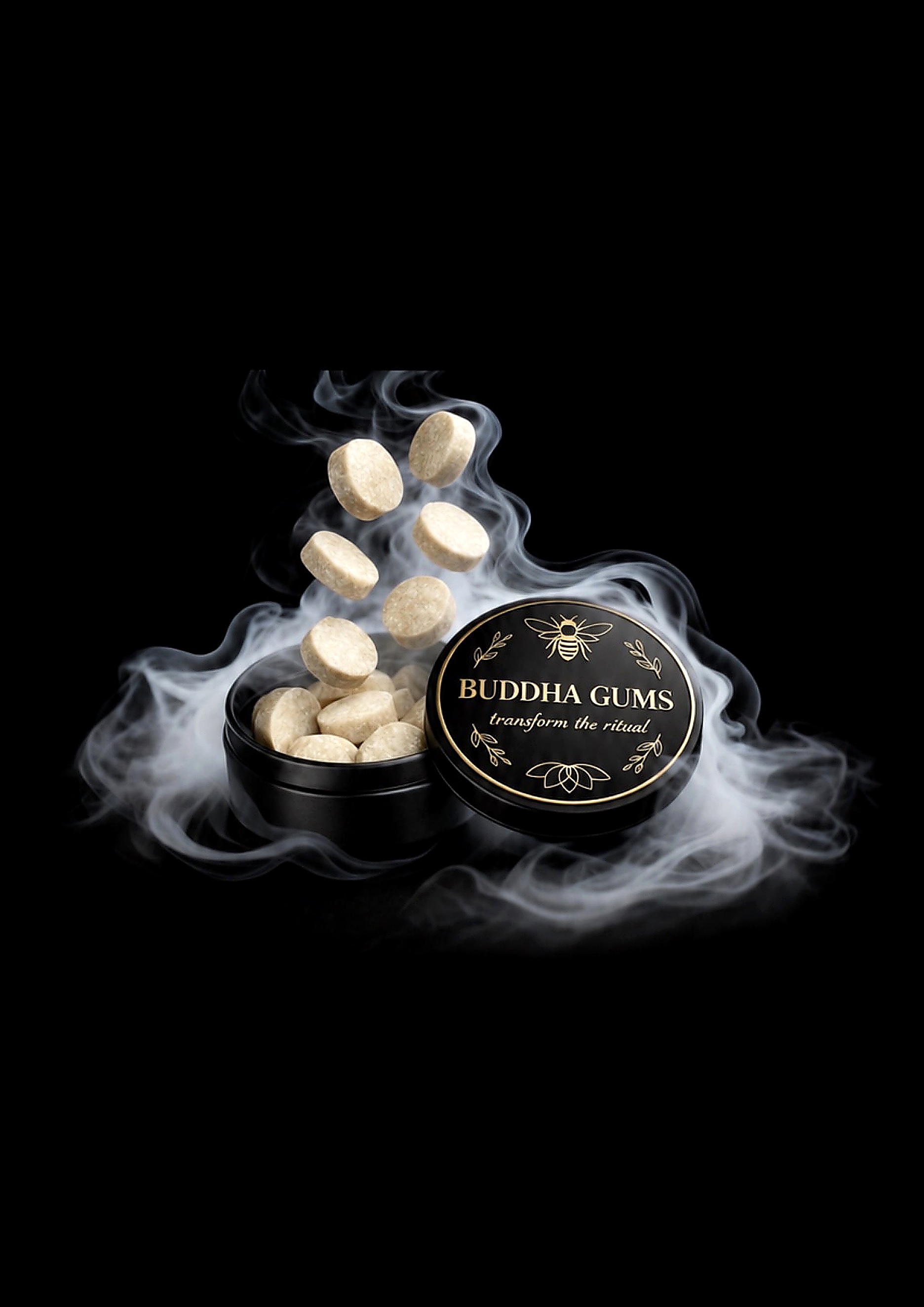 Buddha Gums tin with floating gums and curling smoke