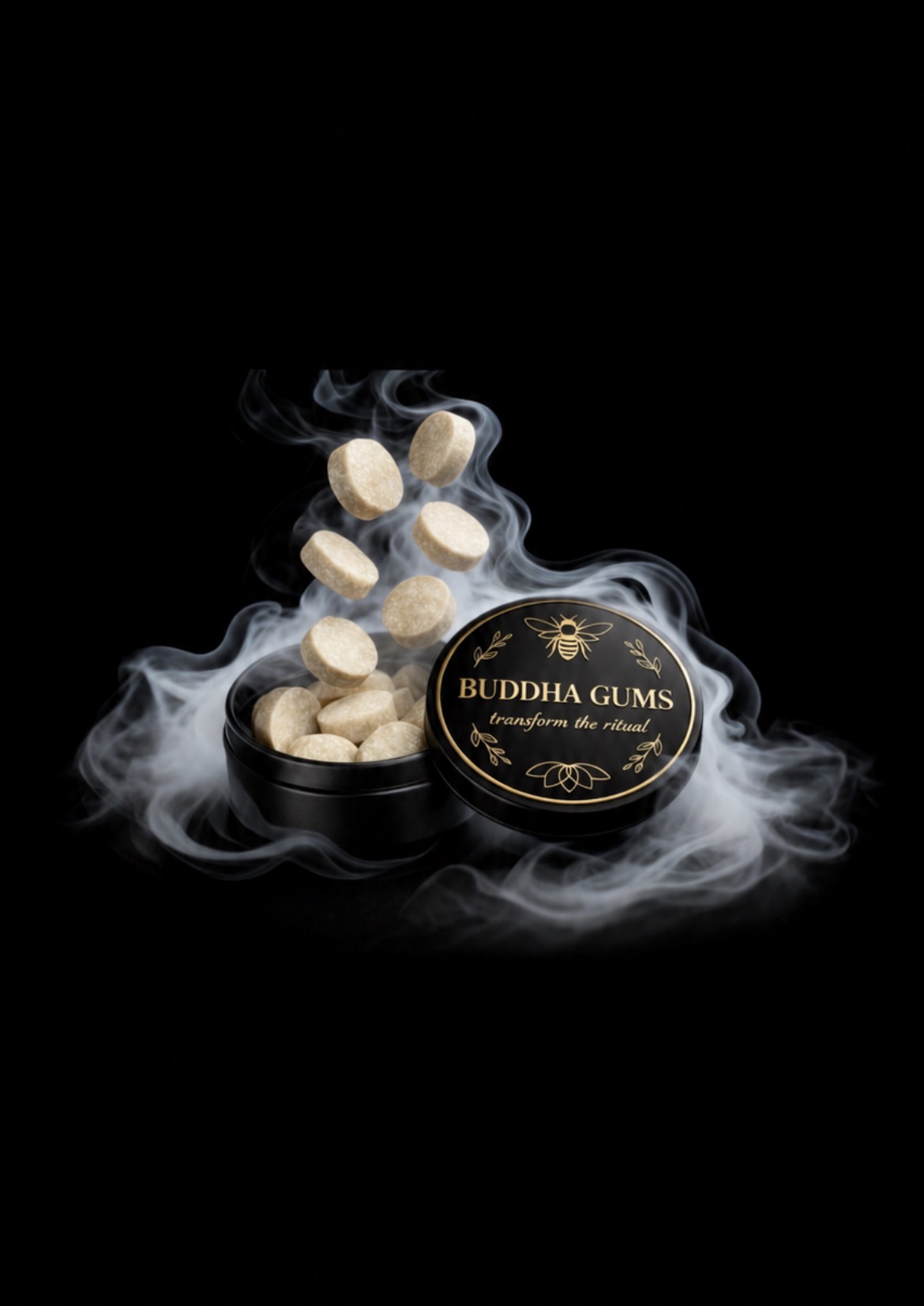 Buddha Gums tin with floating gums and curling smoke